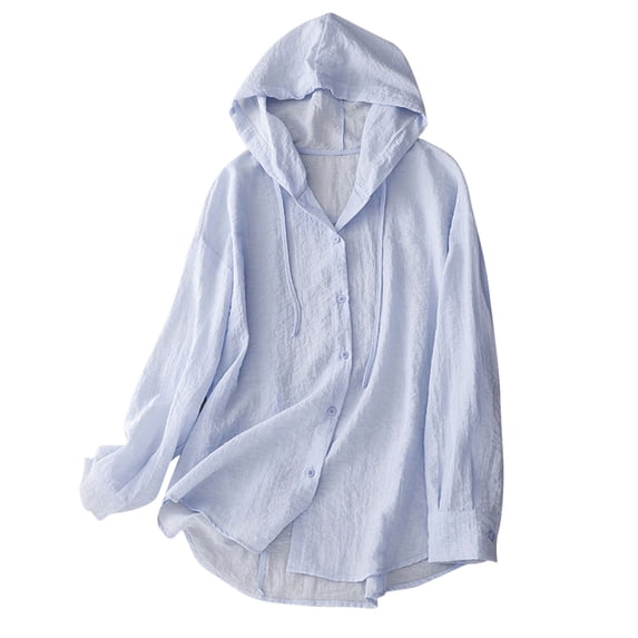 VBVC Women's Cotton Linen Button Down Shirts , Ladies' Long Sleeve Hooded Tops , Casual Drawstring Hoodies For Women, M-2XL