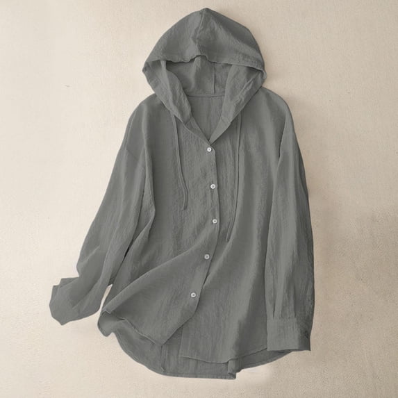 VBVC Women's Cotton Linen Button Down Shirts , Ladies' Long Sleeve Hooded Tops , Casual Drawstring Hoodies For Women, M-2XL
