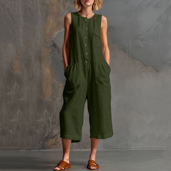 VBVC Women's Cotton Linen Button Down Jumpsuits , Summer Sleeveless Rompers For Women , Ladies' Wide Leg One-Pieces Capri with Pockets,Army Green,S-2XL