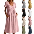 thumbnail image 1 of VBVC Women's Cotton Linen Button Down Midi Dress, Summer V-Neck Beach Dress For Women, Ladies' Short Sleeve High Waist Dress with Pockets,Yellow,S-2XL, 1 of 7