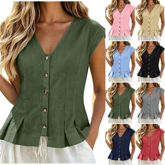 VBVC Women's Cotton-Linen Button Down Peplum Top , Ladies' V Neck Cap Sleeve Ruffle Hem Blouse , Summer Work Fitted Waist Top For Women,Light Blue,S-2XL