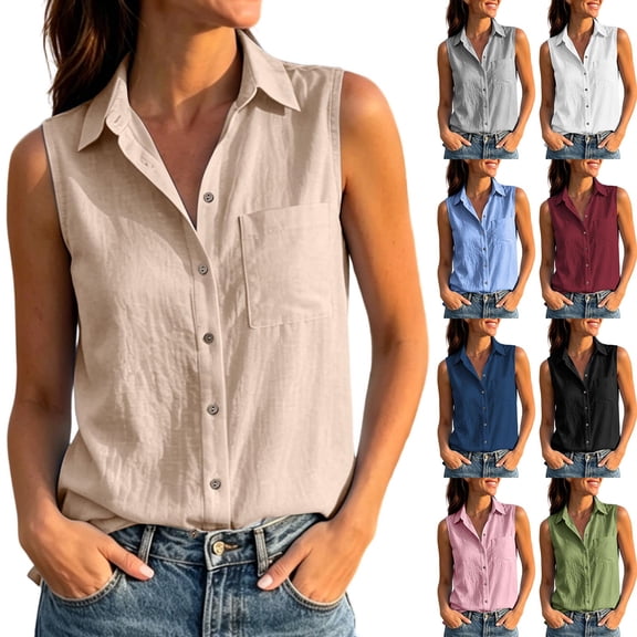 VBVC Women's Cotton Linen Button Down Shirt , Collared V Neck Sleeveless Blouse For Women , Ladies' Summer Casual Work Tank Tops with Pockets,Beige,S-2XL
