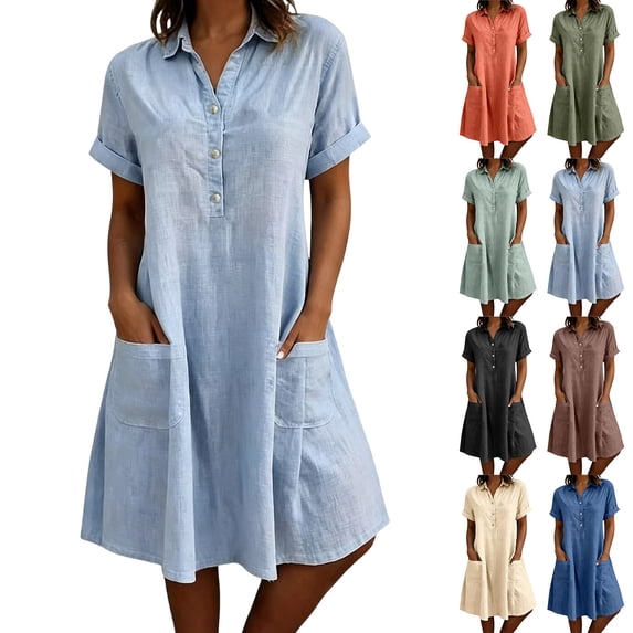 VBVC Women's Cotton Linen Button Down Shirt Dress , Summer Short Sleeve Tunic Dress For Women , Ladies' V-Neck Collared Dress with Pockets,Orange,S-3XL