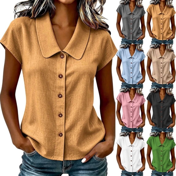VBVC Women's Cotton Linen Button Down Shirts, Ladies' Peter Pan Collar Short Sleeve Blouses, Summer Office Work Tunic Tops For Women, Light Blue , S-2XL
