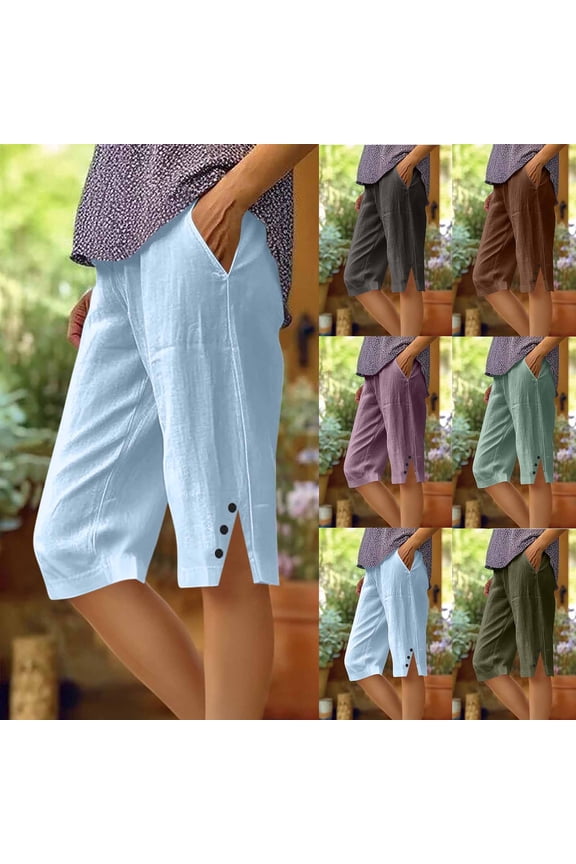 Women's Cotton-Linen Capri Pants,Split Hem Button Detail Casual Trousers For Women,Ladies Lightweight Summer Travel Capris with Pockets,Army Green,S-5XL
