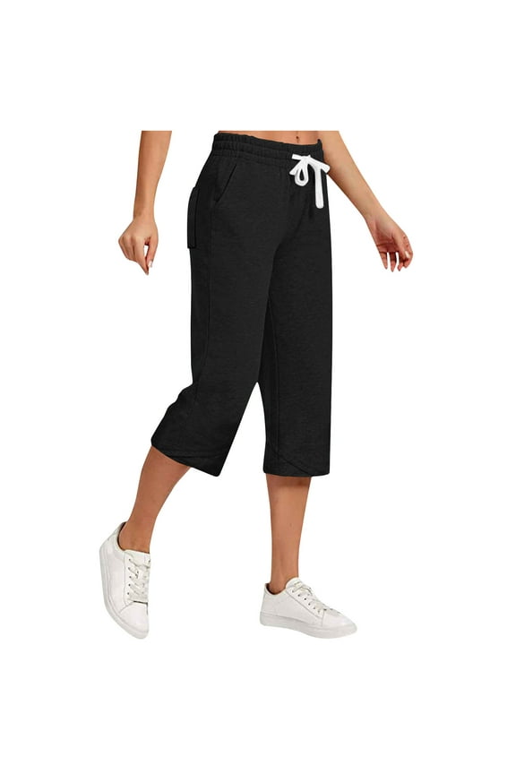Women's Cotton-Linen Capri Pants,Wide Leg Cropped Trousers For Women,Ladies Soft Sweatpants with Pockets,Black,S-3XL
