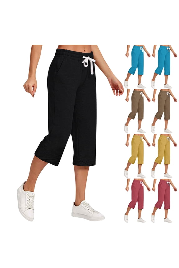 Women's Cotton-Linen Capri Pants,Wide Leg Cropped Trousers For Women,Ladies Soft Sweatpants with Pockets,Blue,S-3XL