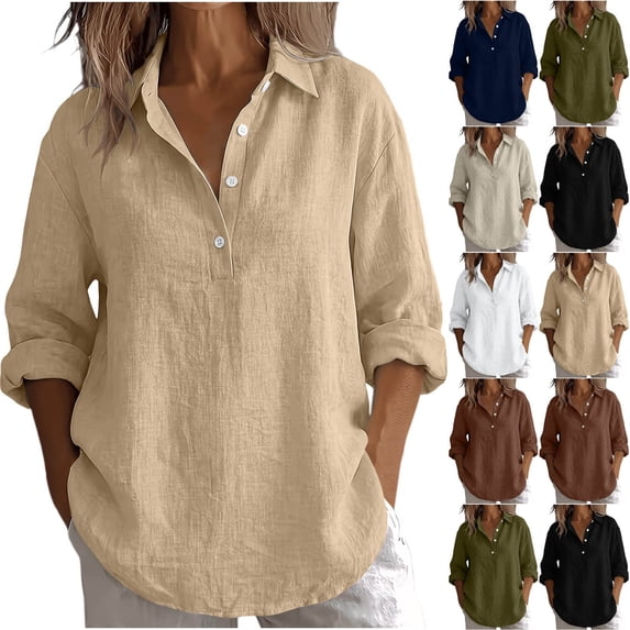 VBVC Women's Cotton Linen Collared Henley Tops , Ladies' Loose Long Sleeve Blouses , Casual Work Office Shirts For Women,Navy,S-2XL