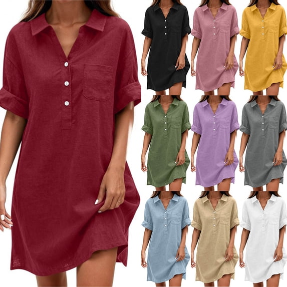 VBVC Women's Cotton Linen Collared Shirt Dress , Summer Casual Short Sleeve Dress For Women , Ladies' Loose Fit Button Down Dress with Pockets,Wine,S-2XL