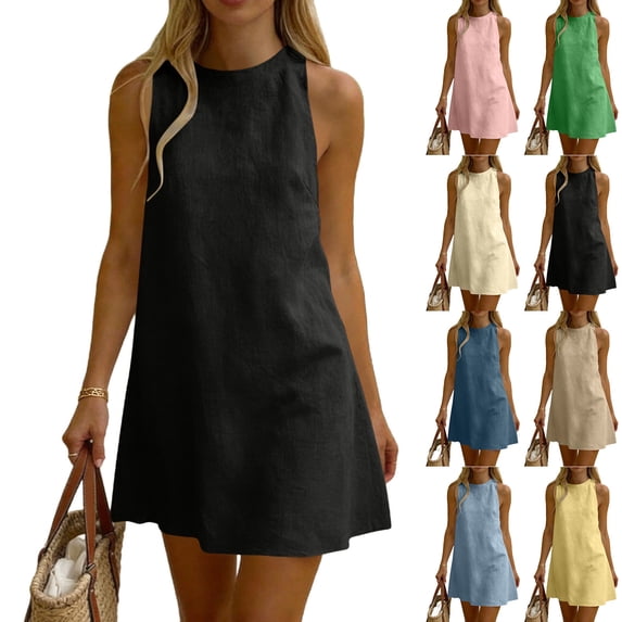 VBVC Women's Cotton Linen Crew Neck Mini Dress , Ladies' Loose A-Line Sleeveless Dress , Summer Casual Beach Short Dress For Women,Pink,S-2XL