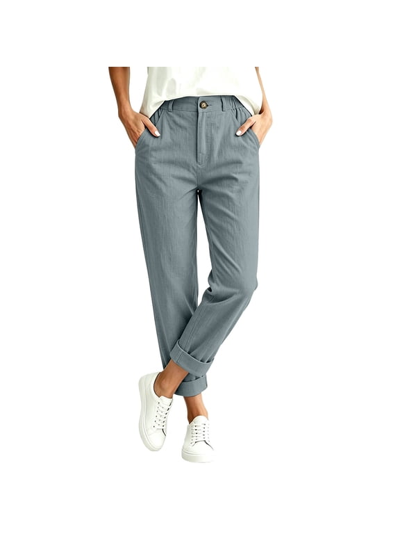 Women's Cotton Linen Cuffed Chino Pants , Straight Leg Trousers For Women , Ladies' High Waisted Work Pants with Pockets, Gray , S-3XL