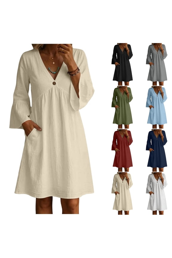 Women's Cotton Linen Deep V-Neck Tunic Dress , Summer Empire Waist Dress For Women , Ladies' 3/4 Bell Sleeve Babydoll Dress with Pockets,Black,S-2XL