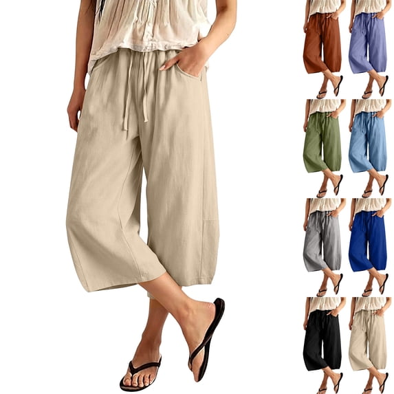 VBVC Women's Cotton Linen Drawstring Barrel Pant , Wide Leg Cropped Pants For Women , Ladies' High Waisted Summer Capris with Pockets,Gray,S-3XL