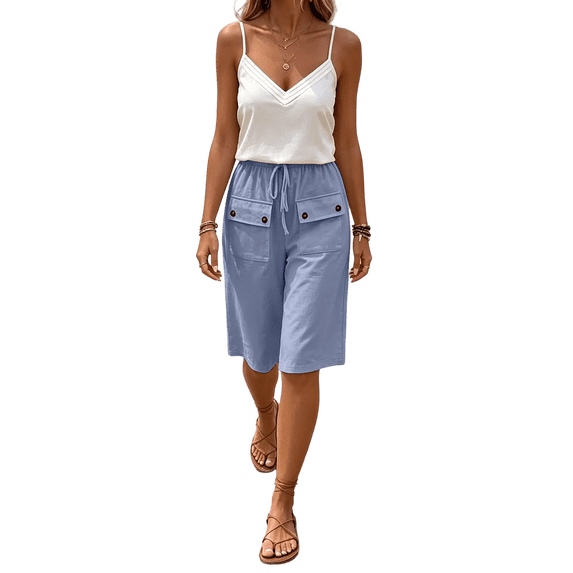 VBVC Women's Cotton Linen Drawstring Bermuda Shorts , Casual Knee Length Shorts For Women , Ladies' Summer Straight Leg Shorts with Pockets,Light Blue,S-3XL