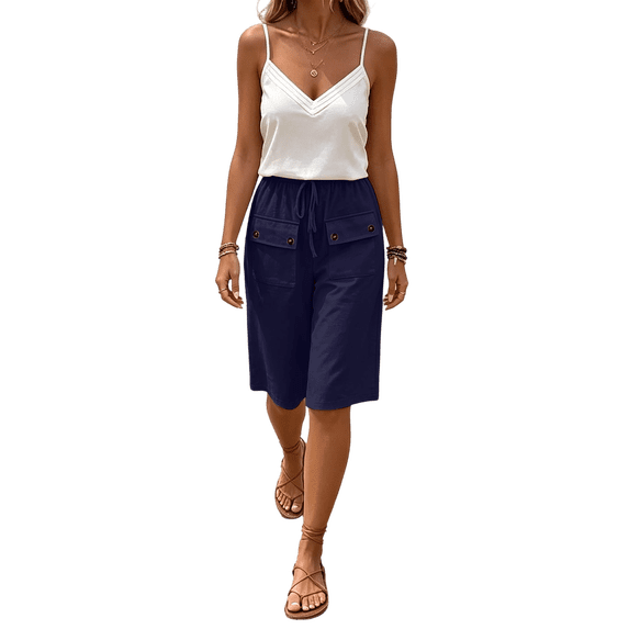VBVC Women's Cotton Linen Drawstring Bermuda Shorts , Casual Knee Length Shorts For Women , Ladies' Summer Straight Leg Shorts with Pockets,Navy,S-3XL