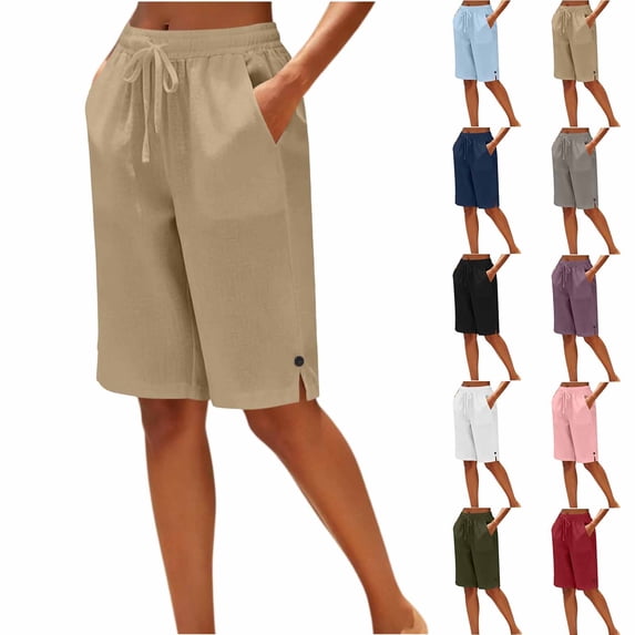 VBVC Women's Cotton-Linen Drawstring Bermuda Shorts , Summer Knee Length Shorts For Women,Ladies' Button Side Slit Beach Shorts with Pockets,Army Green,S-2XL