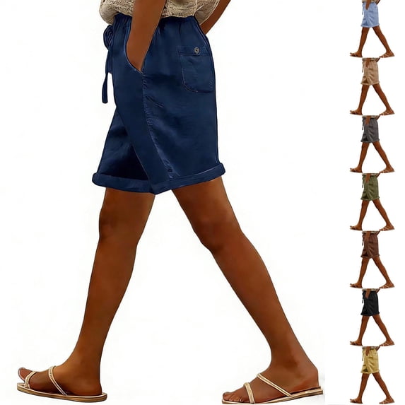 VBVC Women's Cotton-Linen Drawstring Shorts,Rolled Cuff Casual Summer Shorts For Women,Ladies Lightweight Beach Vacation Loungewear with Pockets,Coffee,S-2XL