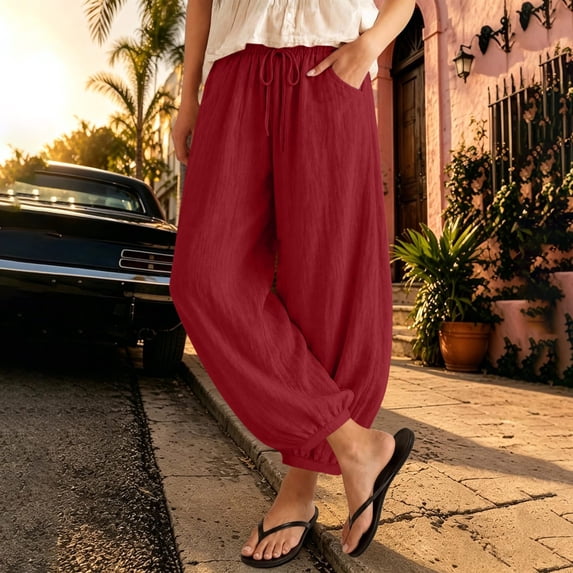 VBVC Women's Cotton Linen Harem Joggers Pants , Baggy Drawstring Boho Trousers For Women , Ladies' Summer Beach Pants with Pockets, S-2XL