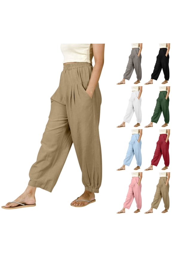 Women's Cotton Linen Harem Pants,Baggy Pull-On Jogger Bottoms For Women,Ladies Boho Trousers with Pockets,White,S-2XL