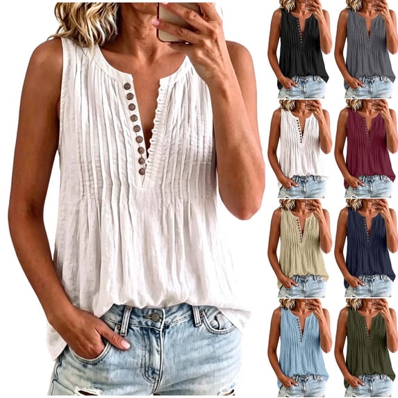 VBVC Women's Cotton-Linen Henley Pleated Tank Top , Ladies' Button Notch Neck Sleeveless Blouse , Casual Summer Loose Tunic Top For Women,White,S-2XL
