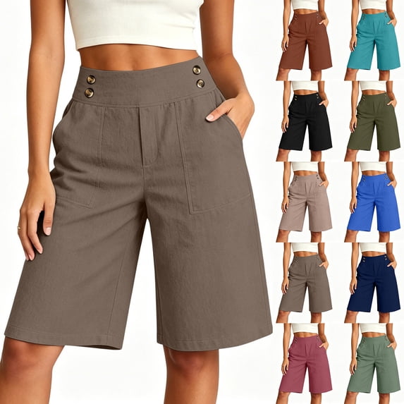 VBVC Women's Cotton Linen High Waist Bermuda Shorts , Wide Leg Knee Length Shorts For Women,Ladies' Button Front Summer Shorts with Pockets,Army Green,S-3XL
