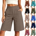 thumbnail image 1 of VBVC Women's Cotton Linen High Waist Bermuda Shorts , Wide Leg Knee Length Shorts For Women,Ladies' Button Front Summer Shorts with Pockets,Navy,S-3XL, 1 of 5