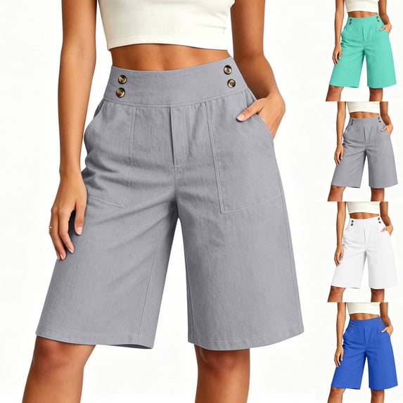 VBVC Women's Cotton Linen High Waist Bermuda Shorts , Wide Leg Knee Length Shorts For Women,Ladies' Button Front Summer Shorts with Pockets,White,S-3XL