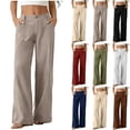 thumbnail image 1 of VBVC Women's Cotton-Linen High Waisted Pants,Button Fly Straight Leg Sweatpants For Women,Ladies Lightweight Summer Work Trousers with Pockets,Beige,S-2XL, 1 of 8