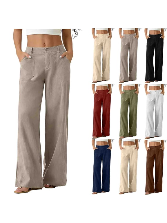 Women's Cotton-Linen High Waisted Pants,Button Fly Straight Leg Sweatpants For Women,Ladies Lightweight Summer Work Trousers with Pockets,Khaki,S-2XL