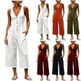 thumbnail image 1 of VBVC Women's Cotton Linen Jumpsuit with Pockets , V-Neck Button Down Wide Leg Romper For Women , Ladies' Summer Casual Cropped Overalls, S-2XL, 1 of 8