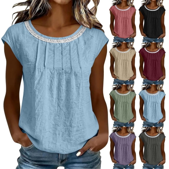 VBVC Women's Cotton-Linen Lace Trim Tunic Top,Ladies Cap Sleeve Pleated Casual Blouse,Summer Breathable Crew Neck Shirt for Women,Blue,S-3XL