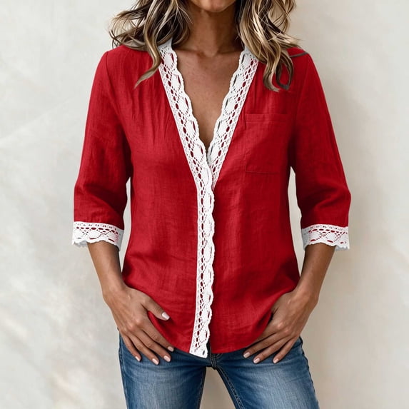 VBVC Women's Cotton Linen Lace V Neck Top , Ladies' Long Sleeve Pullover Shirt , Casual Fall Winter Work Blouses For Women, S-4XL
