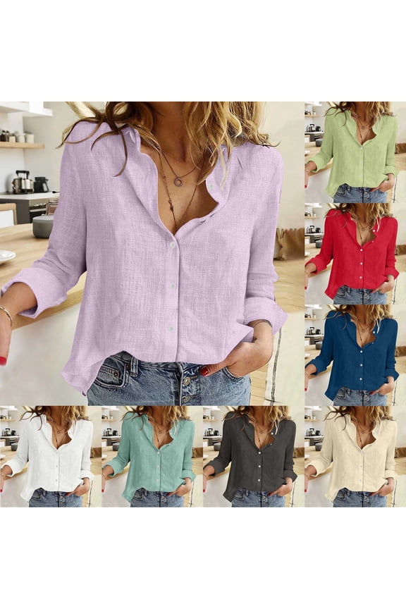 Women's Cotton-Linen Look Long Sleeve Button Down Shirts,Ladies V-Neck Ruffle Collar Tops,Breathable Summer Office Daily Wear Blouses For Women,White,S-2XL