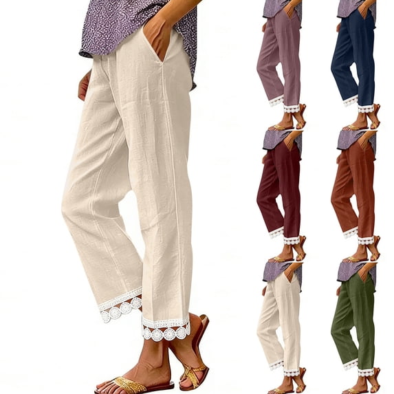 VBVC Women's Cotton-Linen Look Pants,Drawstring Lace Trim Sweatpants For Women,Ladies Lightweight Summer Breathable Pants with Pockets,Purple,S-2XL