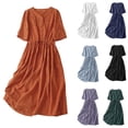 thumbnail image 1 of VBVC Women's Cotton-Linen Midi Dress,Ladies Ruffle V-Neck Button Down Sundress,Summer Drawstring Dress For Women,Green,S-2XL, 1 of 7