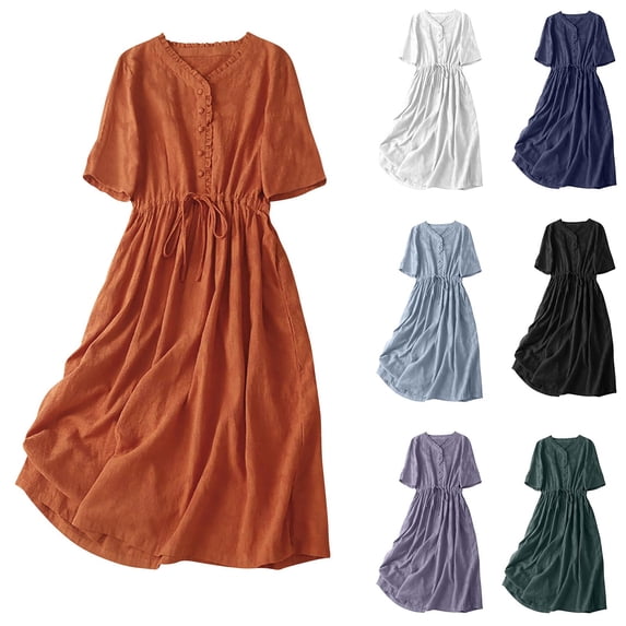 VBVC Women's Cotton-Linen Midi Dress,Ladies Ruffle V-Neck Button Down Sundress,Summer Drawstring Dress For Women,Navy,S-2XL