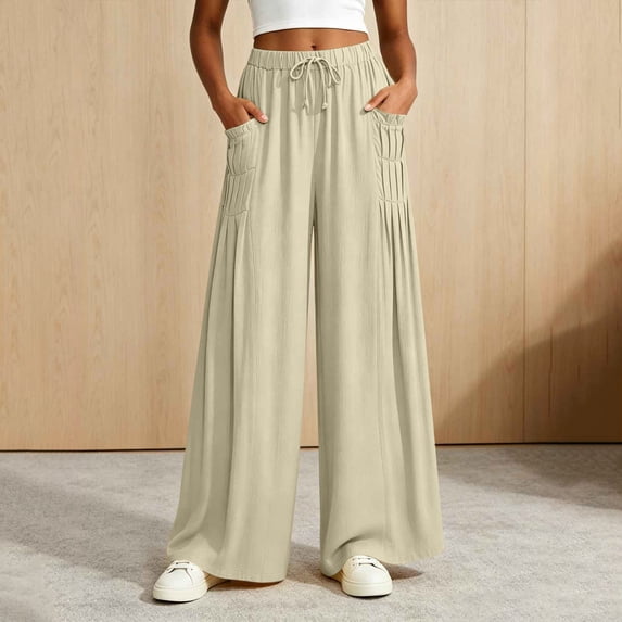 VBVC Women's Cotton Linen Drawstring Palazzo Pants , Casual Wide Leg Trousers For Women , Ladies' Fall Summer Pleated Pants with Pockets, S-3XL