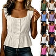 thumbnail image 1 of VBVC Women's Cotton Linen Peplum Tank Top , Ladies' Button Down Ruffle Sleeve Blouse , Summer Square Neck Smocked Waist Tops For Women,Beige,S-3XL, 1 of 8