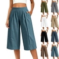 thumbnail image 1 of VBVC Women's Cotton Linen Pleated Wide Leg Capri Pants , Casual Summer Loose Crop Trousers For Women , Ladies' Flowy Lounge Pants with Pockets, Brown , S-2XL, 1 of 8