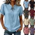 thumbnail image 1 of VBVC Women's Cotton-Linen Puff Sleeve Blouse , Ladies' Tie Keyhole Neck Short Sleeve Top , Casual Loose Fit Summer Shirts For Women,Blue,S-2XL, 1 of 10