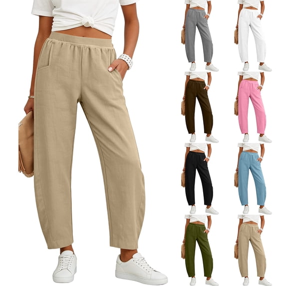VBVC Women's Cotton-Linen Pull-On Pants,Bent Leg Trousers For Women,Ladies Lightweight Breathable Sweatpants with Pockets,Light Blue,S-2XL