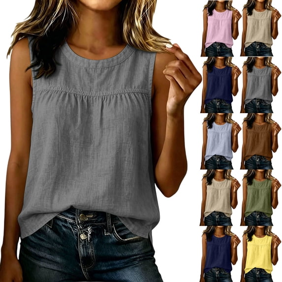 VBVC Women's Cotton-Linen Ruched Bust Tank Top , Ladies' Crew Neck Sleeveless Blouse , Summer Office Daily Layering Tops For Women,Army Green,S-3XL