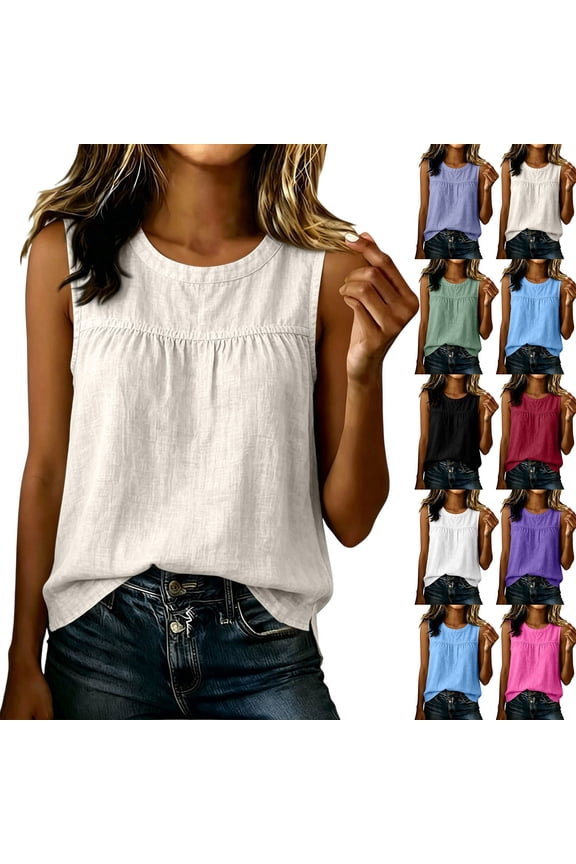 Women's Cotton-Linen Ruched Bust Tank Top , Ladies' Crew Neck Sleeveless Blouse , Summer Office Daily Layering Tops For Women,Red,S-3XL