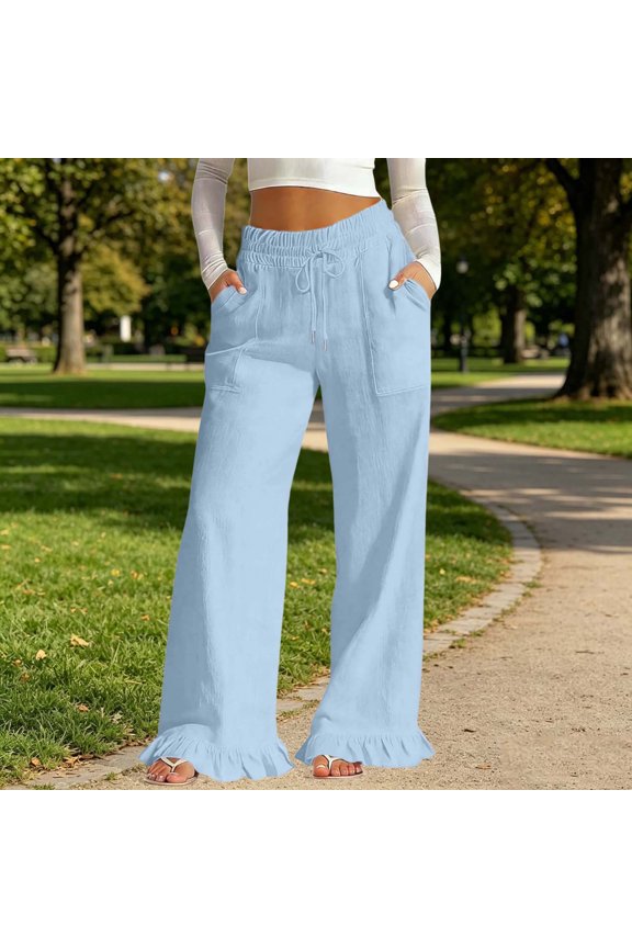 Women's Cotton Linen Ruffle Hem Pants , Smocked Drawstring Trousers For Women , Ladies' Boho Wide Leg Trousers with Pockets, Light Blue , S-2XL