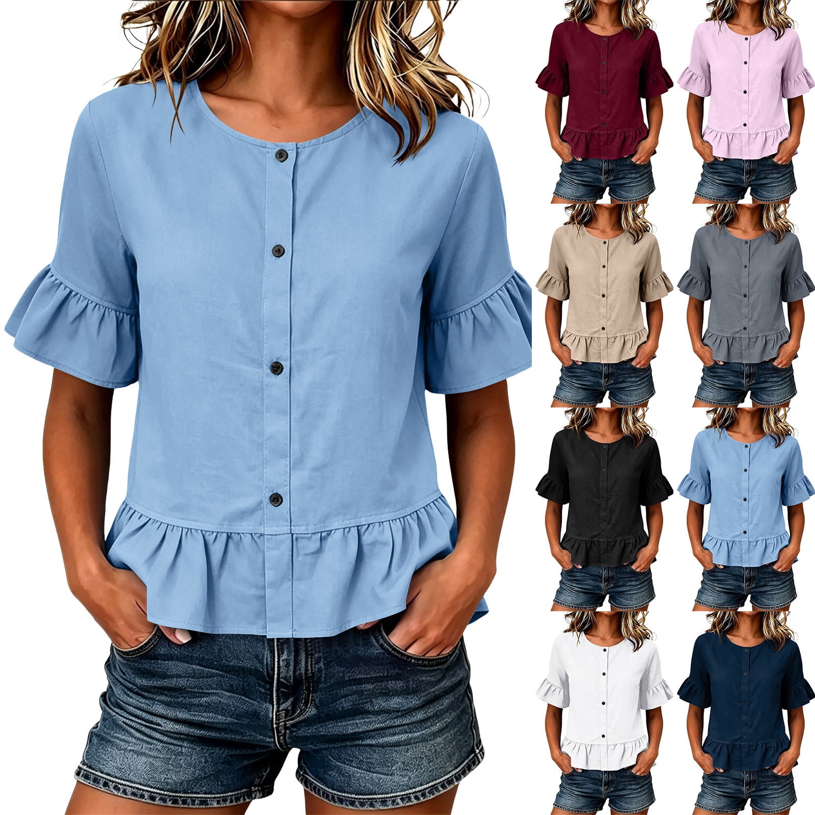 VBVC Women's Cotton-Linen Ruffle Peplum Hem Blouse , Ladies' Flare