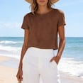 thumbnail image 1 of VBVC Women's Cotton Linen Short Sleeve Crop T Shirt , Ladies' Crew Neck Summer Top , Lightweight Back Button Tee For Women, *Brown , Small, 1 of 9