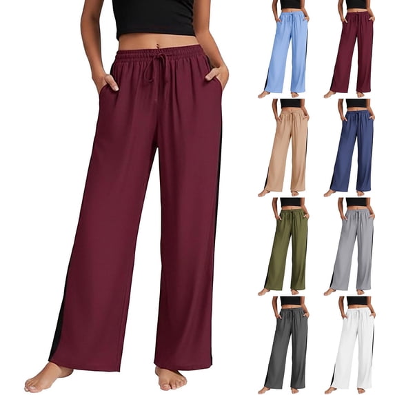 VBVC Women's Cotton-Linen Side Stripe Pants,Ladies Drawstring Breathable Trousers,Summer Wide Leg Sweatpants for Women,Red,S-3XL