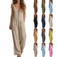 thumbnail image 1 of VBVC Women's Cotton-Linen Sleeveless Jumpsuit,Ruffle Trim Button Down Romper For Women,Ladies V-Neck Wide Leg Vacation Outfit with Pockets,Gray,S-3XL, 1 of 8
