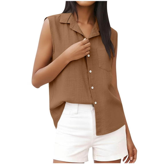 VBVC Women's Cotton-Linen Sleeveless Tank Top,Ladies Collared Button-Front Blouse,Casual Summer Pocketed Shirt For Women,Brown,Size M