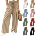 thumbnail image 1 of VBVC Women's Cotton Linen Smocked Waist Pants , Drawstring Wide Leg Boho Trousers For Women , Ladies' Casual Summer Beach Pants with Pockets, Army Green , S-2XL, 1 of 8